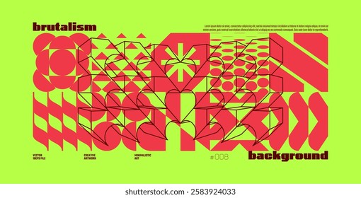 Brutalism abstract vector lime background with Postmodern geometric graphic shapes in Y2K aesthetics, trendy colorful modernism artwork banner, various brutal form and line elements