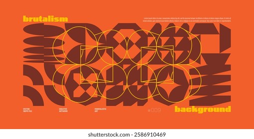 Brutalism abstract vector orange background with Postmodern geometric graphic shapes in Y2K aesthetics, trendy colorful modernism artwork banner, various brutal form and line elements