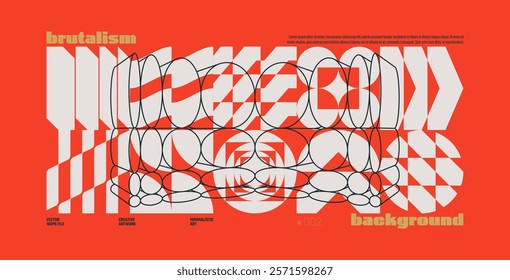 Brutalism abstract vector red background with Postmodern geometric graphic shapes in Y2K aesthetics, trendy colorful modernism artwork, various brutal form and line elements, poster and banner 