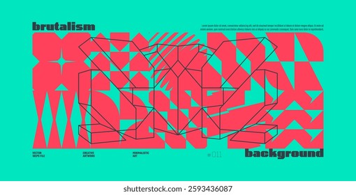 Brutalism abstract vector turquoise background with Postmodern geometric graphic shapes in Y2K aesthetics, trendy colorful modernism artwork banner, various brutal form and line elements