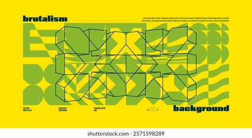 Brutalism abstract vector yellow background with Postmodern geometric graphic shapes in Y2K aesthetics, trendy colorful modernism artwork, various brutal form and line elements, poster and banner