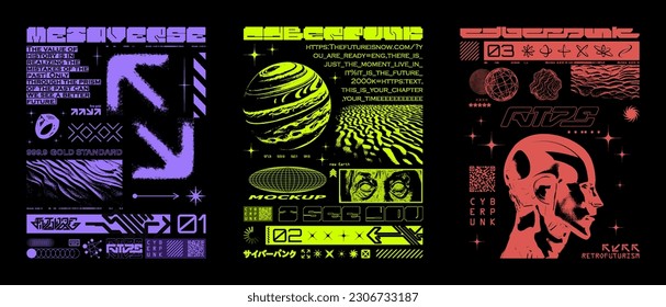 Brutalism acid print sets in retrofuturistic style, digital typeface, geometric shapes. Retro Y2K posters, Sci-fi graphic design for t-shirt, merch, streetwear. Translation from Japanese - cyberpunk