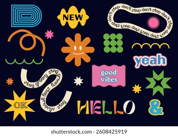 Brutalism aesthetic. Abstract shapes sticker pack. Groovy circle oval rectangle arch eyes typography in trendy retro 90s style.
