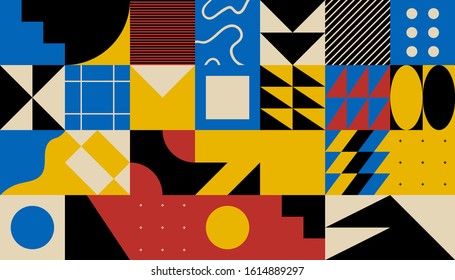 Brutalism art inspired abstract vector pattern made with simple geometric shapes and forms. Bold form graphic design, useful for web art, invitation cards, posters, prints, textile, backgrounds.