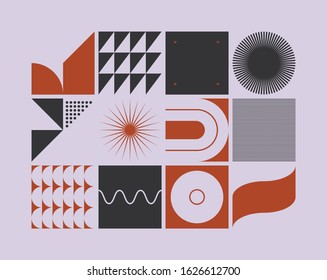 Brutalism art inspired abstract vector pattern made with simple geometric shapes and forms. Bold form graphic design, useful for web art, invitation cards, posters, prints, textile, backgrounds.