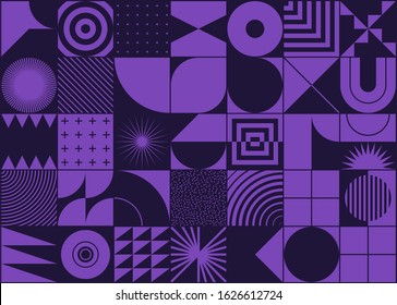 Brutalism art inspired abstract vector pattern made with simple geometric shapes and forms. Bold form graphic design, useful for web art, invitation cards, posters, prints, textile, backgrounds.