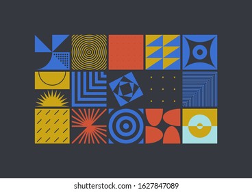 Brutalism art inspired abstract vector pattern made with simple geometric shapes and forms. Bold form graphic design, useful for web art, invitation cards, posters, prints, textile, backgrounds.