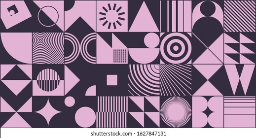 Brutalism art inspired abstract vector pattern made with simple geometric shapes and forms. Bold form graphic design, useful for web art, invitation cards, posters, prints, textile, backgrounds.