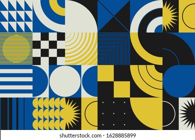Brutalism art inspired abstract vector pattern made with simple geometric shapes and forms. Bold form graphic design, useful for web art, invitation cards, posters, prints, textile, backgrounds.