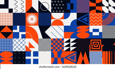 Brutalism art inspired abstract vector pattern made with simple geometric shapes and forms. Bold form graphic design, useful for web art, invitation cards, posters, prints, textile, backgrounds.