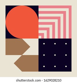 Brutalism art inspired abstract vector illustration made with simple geometric shapes and forms. Bold form graphic design, useful for web art, invitation cards, posters, prints, textile, backgrounds.