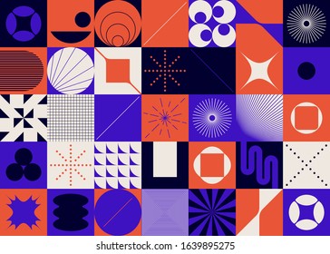 Brutalism art inspired abstract vector pattern made with simple geometric shapes and forms. Bold form graphic design, useful for web art, invitation cards, posters, prints, textile, backgrounds.