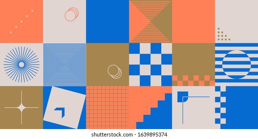Brutalism art inspired abstract vector pattern made with simple geometric shapes and forms. Bold form graphic design, useful for web art, invitation cards, posters, prints, textile, backgrounds.