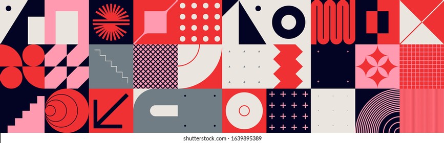 Brutalism art inspired abstract vector pattern made with simple geometric shapes and forms. Bold form graphic design, useful for web art, invitation cards, posters, prints, textile, backgrounds.