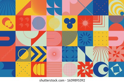 Brutalism art inspired abstract vector pattern made with simple geometric shapes and forms. Bold form graphic design, useful for web art, invitation cards, posters, prints, textile, backgrounds.