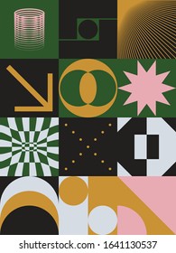 Brutalism art inspired abstract vector pattern made with simple geometric shapes and forms. Bold form graphic design, useful for web art, invitation cards, posters, prints, textile, backgrounds.