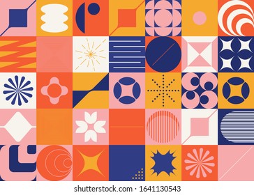 Brutalism art inspired abstract vector pattern made with simple geometric shapes and forms. Bold form graphic design, useful for web art, invitation cards, posters, prints, textile, backgrounds.