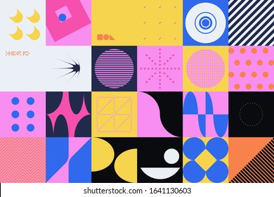 Brutalism art inspired abstract vector pattern made with simple geometric shapes and forms. Bold form graphic design, useful for web art, invitation cards, posters, prints, textile, backgrounds.