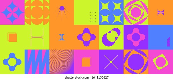 Brutalism art inspired abstract vector pattern made with simple geometric shapes and forms. Bold form graphic design, useful for web art, invitation cards, posters, prints, textile, backgrounds.