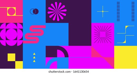 Brutalism art inspired abstract vector pattern made with simple geometric shapes and forms. Bold form graphic design, useful for web art, invitation cards, posters, prints, textile, backgrounds.
