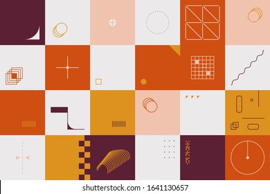 Brutalism art inspired abstract vector pattern made with simple geometric shapes and forms. Bold form graphic design, useful for web art, invitation cards, posters, prints, textile, backgrounds.