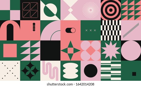 Brutalism art inspired abstract vector pattern made with simple geometric shapes and forms. Bold form graphic design, useful for web art, invitation cards, posters, prints, textile, backgrounds.