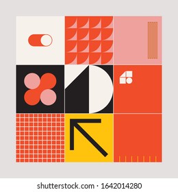 Brutalism art inspired abstract vector pattern made with simple geometric shapes and forms. Bold form graphic design, useful for web art, invitation cards, posters, prints, textile, backgrounds.