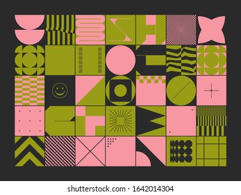 Brutalism art inspired abstract vector pattern made with simple geometric shapes and forms. Bold form graphic design, useful for web art, invitation cards, posters, prints, textile, backgrounds.