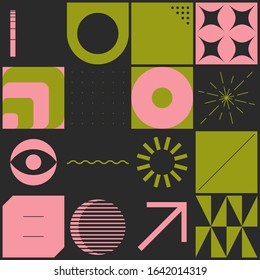 Brutalism art inspired abstract vector pattern made with simple geometric shapes and forms. Bold form graphic design, useful for web art, invitation cards, posters, prints, textile, backgrounds.