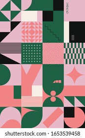 Brutalism art inspired abstract vector pattern made with simple geometric shapes and forms. Bold form graphic design, useful for web art, invitation cards, posters, prints, textile, backgrounds.