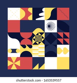 Brutalism art inspired abstract vector pattern made with simple geometric shapes and forms. Bold form graphic design, useful for web art, invitation cards, posters, prints, textile, backgrounds.