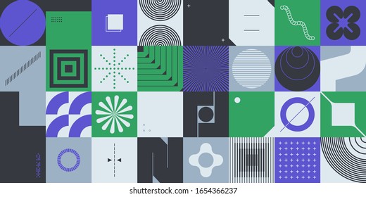 Brutalism art inspired abstract vector pattern made with simple geometric shapes and forms. Bold form graphic design, useful for web art, invitation cards, posters, prints, textile, backgrounds.