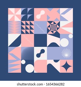 Brutalism art inspired abstract vector pattern made with simple geometric shapes and forms. Bold form graphic design, useful for web art, invitation cards, posters, prints, textile, backgrounds.