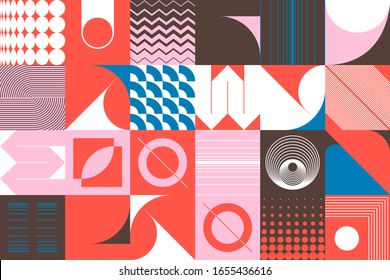 Brutalism art inspired abstract vector pattern made with simple geometric shapes and forms. Bold form graphic design, useful for web art, invitation cards, posters, prints, textile, backgrounds.