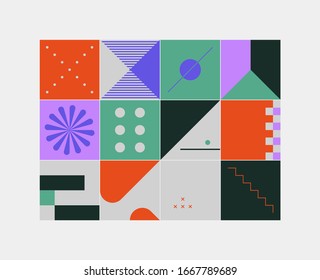 Brutalism art inspired abstract vector pattern made with simple geometric shapes and forms. Bold form graphic design, useful for web art, invitation cards, posters, prints, textile, backgrounds.