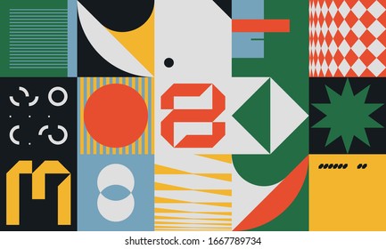 Brutalism art inspired abstract vector pattern made with simple geometric shapes and forms. Bold form graphic design, useful for web art, invitation cards, posters, prints, textile, backgrounds.