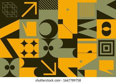 Brutalism art inspired abstract vector pattern made with simple geometric shapes and forms. Bold form graphic design, useful for web art, invitation cards, posters, prints, textile, backgrounds.