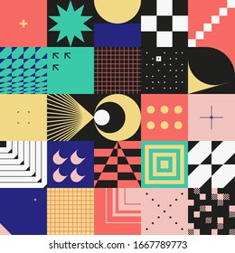 Brutalism art inspired abstract vector pattern made with simple geometric shapes and forms. Bold form graphic design, useful for web art, invitation cards, posters, prints, textile, backgrounds.