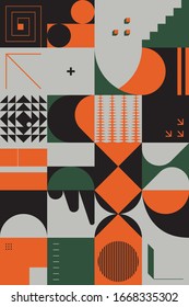 Brutalism art inspired abstract vector pattern made with simple geometric shapes and forms. Bold form graphic design, useful for web art, invitation cards, posters, prints, textile, backgrounds.