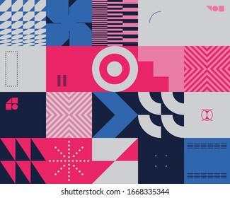 Brutalism art inspired abstract vector pattern made with simple geometric shapes and forms. Bold form graphic design, useful for web art, invitation cards, posters, prints, textile, backgrounds.