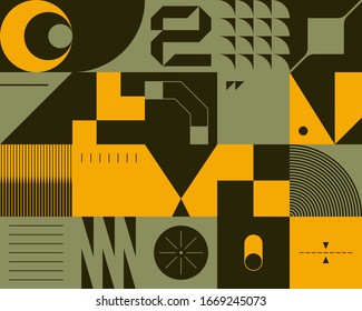 Brutalism art inspired abstract vector pattern made with simple geometric shapes and forms. Bold form graphic design, useful for web art, invitation cards, posters, prints, textile, backgrounds.