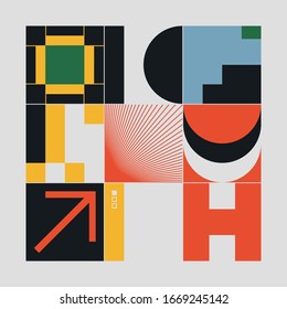 Brutalism art inspired abstract vector pattern made with simple geometric shapes and forms. Bold form graphic design, useful for web art, invitation cards, posters, prints, textile, backgrounds.