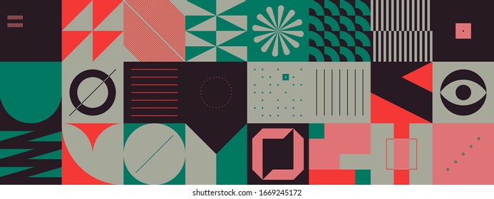 Brutalism art inspired abstract vector pattern made with simple geometric shapes and forms. Bold form graphic design, useful for web art, invitation cards, posters, prints, textile, backgrounds.