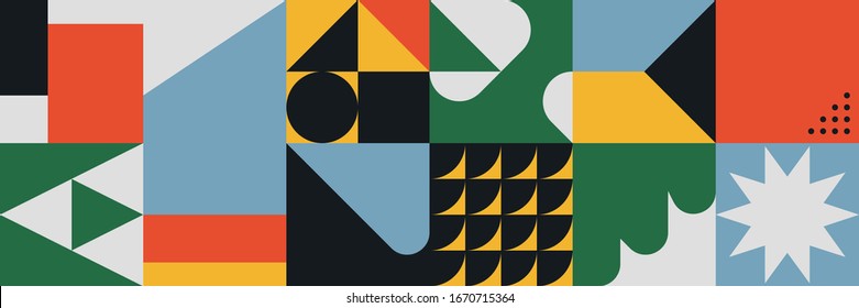 Brutalism art inspired abstract vector pattern made with simple geometric shapes and forms. Bold form graphic design, useful for web art, invitation cards, posters, prints, textile, backgrounds.