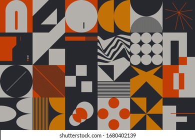 Brutalism art inspired abstract vector pattern made with simple geometric shapes and forms. Bold form graphic design, useful for web art, invitation cards, posters, prints, textile, backgrounds.