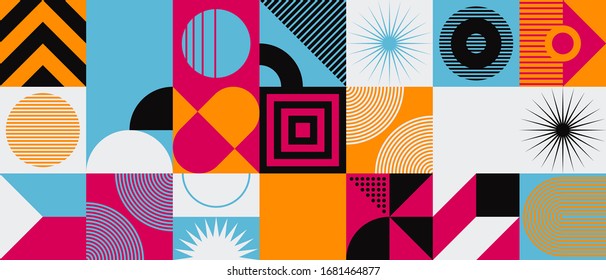 Brutalism art inspired abstract vector pattern made with simple geometric shapes and forms. Bold form graphic design, useful for web art, invitation cards, posters, prints, textile, backgrounds.