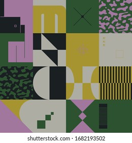 Brutalism art inspired abstract vector pattern made with simple geometric shapes and forms. Bold form graphic design, useful for web art, invitation cards, posters, prints, textile, backgrounds.
