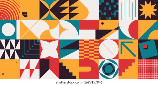Brutalism Art Inspired Abstract Vector Pattern Made With Simple Geometric Shapes And Forms. Bold Form Graphic Design, Useful For Web Art, Invitation Cards, Posters, Prints, Textile, Backgrounds.