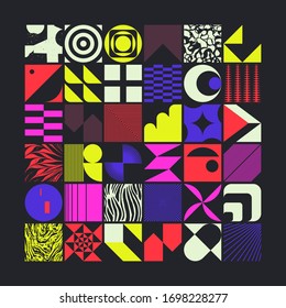 Brutalism art inspired abstract vector pattern made with simple geometric shapes and forms. Bold form graphic design, useful for web art, invitation cards, posters, prints, textile, backgrounds.