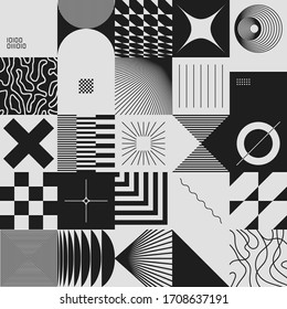 Brutalism art inspired abstract vector pattern made with simple geometric shapes and forms. Bold form graphic design, useful for web art, invitation cards, posters, prints, textile, backgrounds.